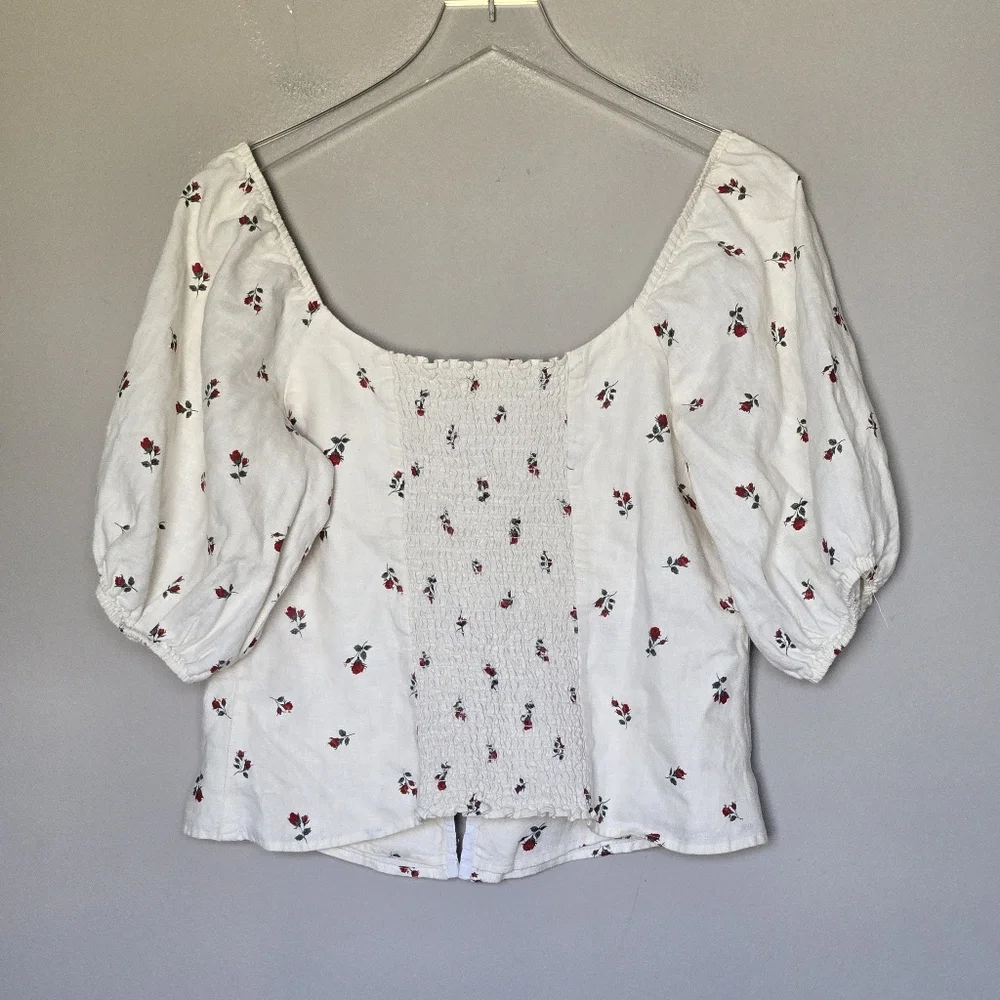 Reformation Romi White Floral Puff Sleeve Corset Linen Cottagecore Milkmaid Top